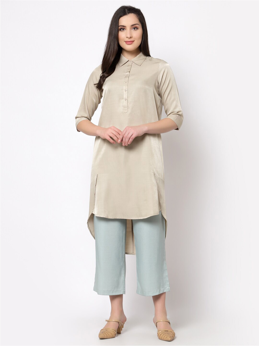 

OFFICE & YOU Shirt Collar High-Low Cotton Kurta, Beige