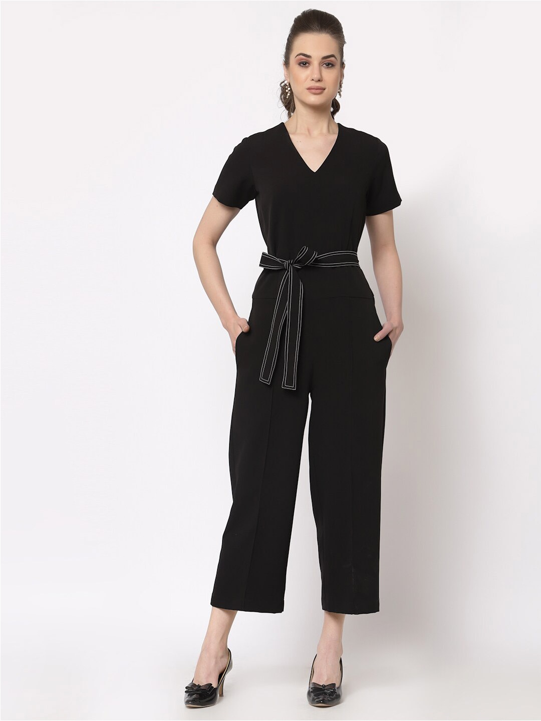 

OFFICE & YOU V-Neck Belted Basic Jumpsuit, Black