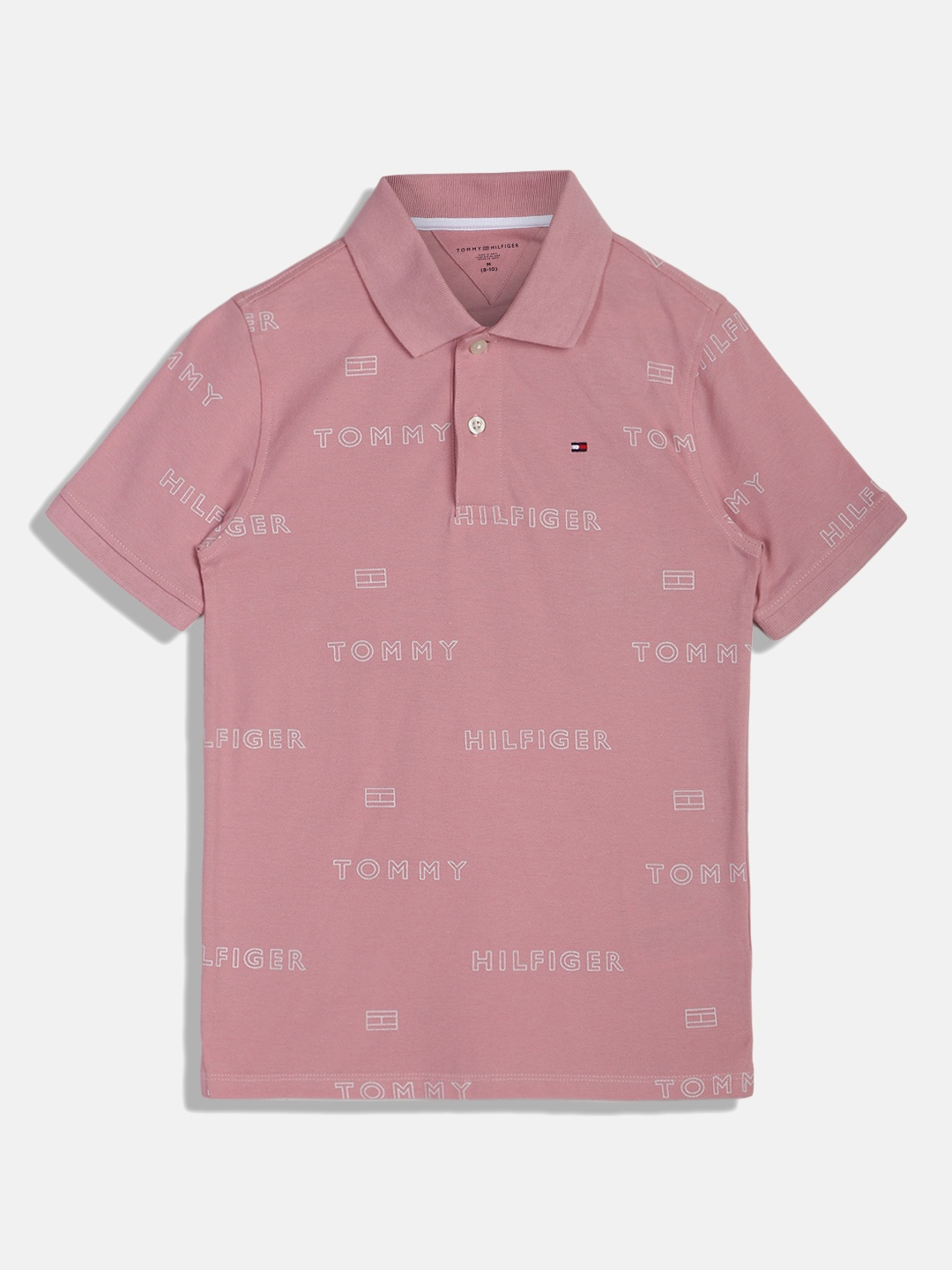 

Tommy Hilfiger Boys Typography Printed Polo Collar Cotton T-shirt, Pink