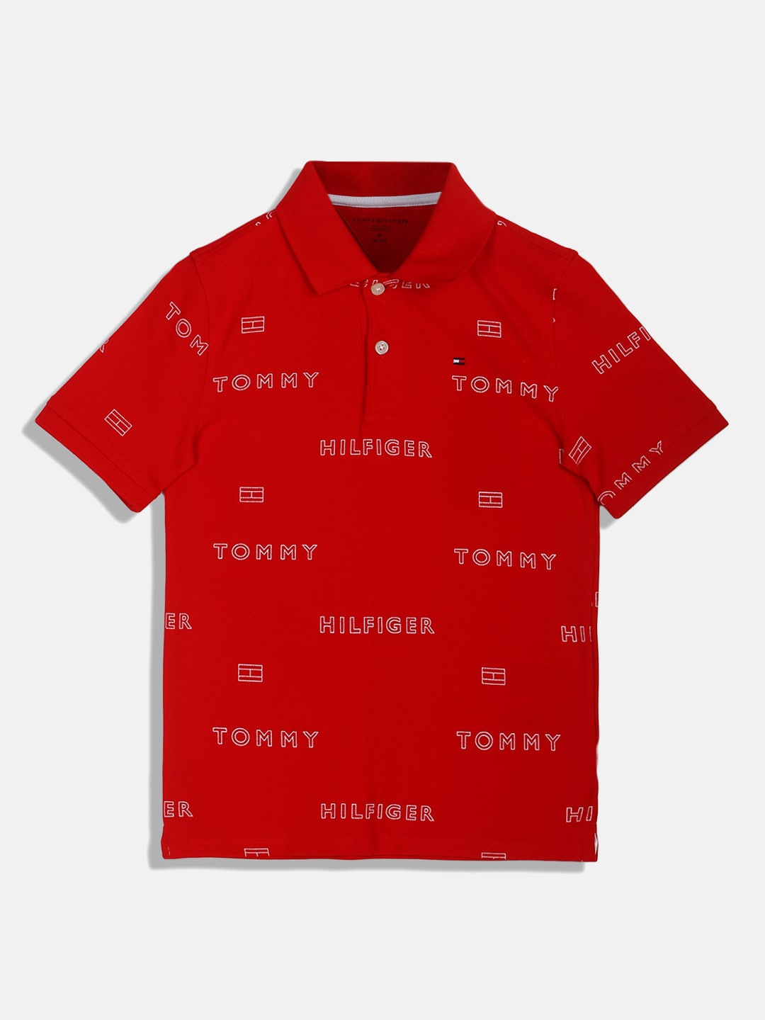 Tommy Hilfiger Boys Typography Printed Polo Collar Cotton T-shirt, Red