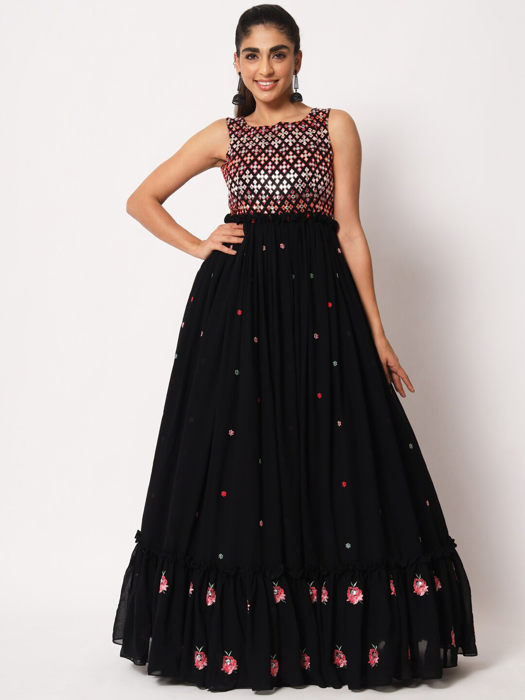 

SHUBHKALA Black Embroidered Semi-Stitched Dress Material