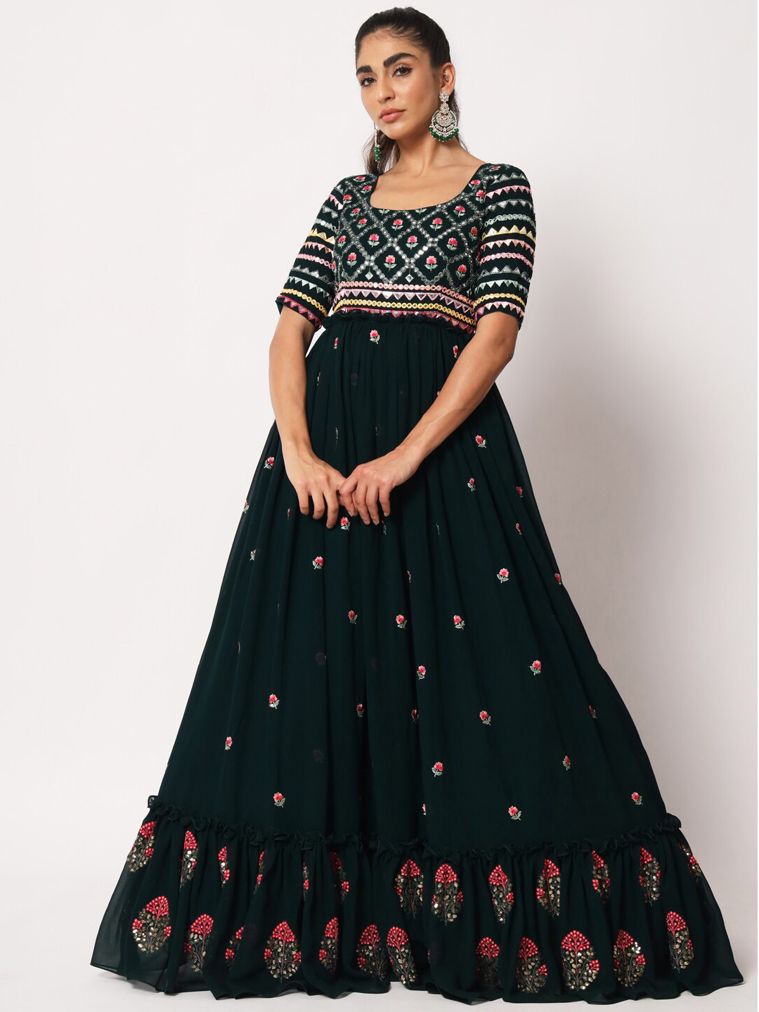 

SHUBHKALA Floral Embroidered Square Neck Mirror Work Kurta & Bottom Fabric, Green