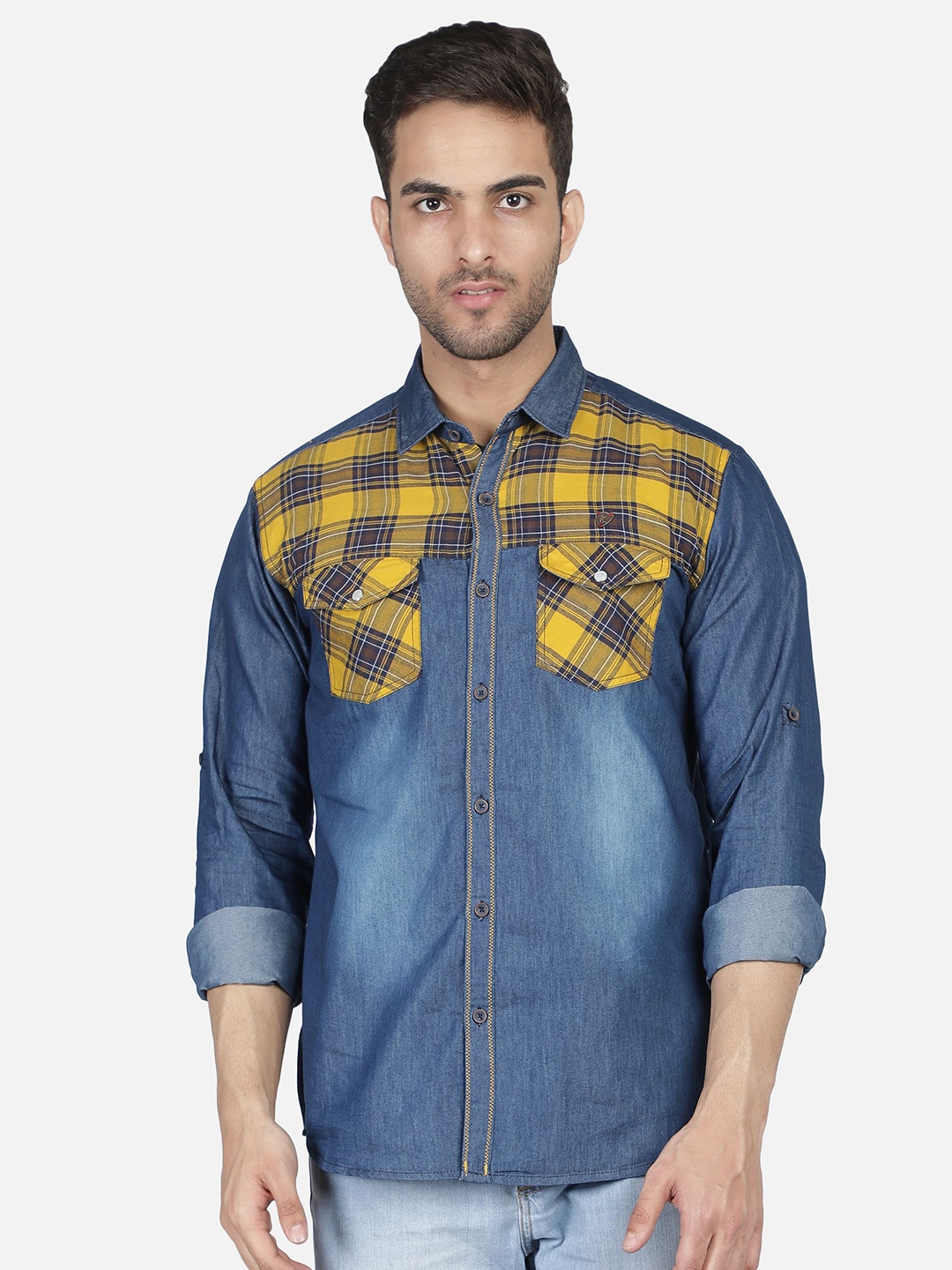 

Kuons Avenue Smart Slim Fit Checked Casual Denim Shirt, Blue