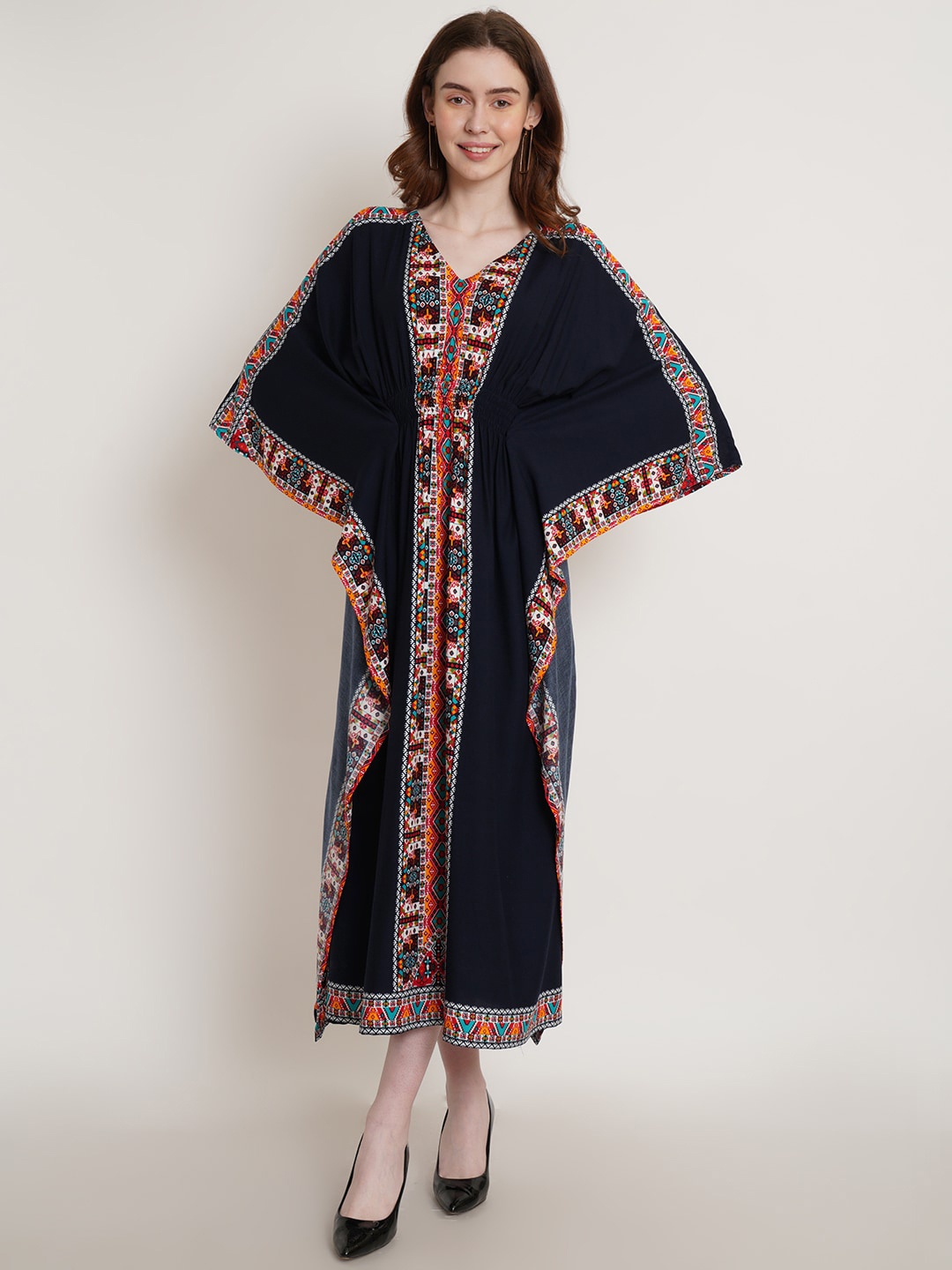 

Hive91 V-Neck Ethnic Motifs Smocked Maxi Kaftan Dress, Navy blue