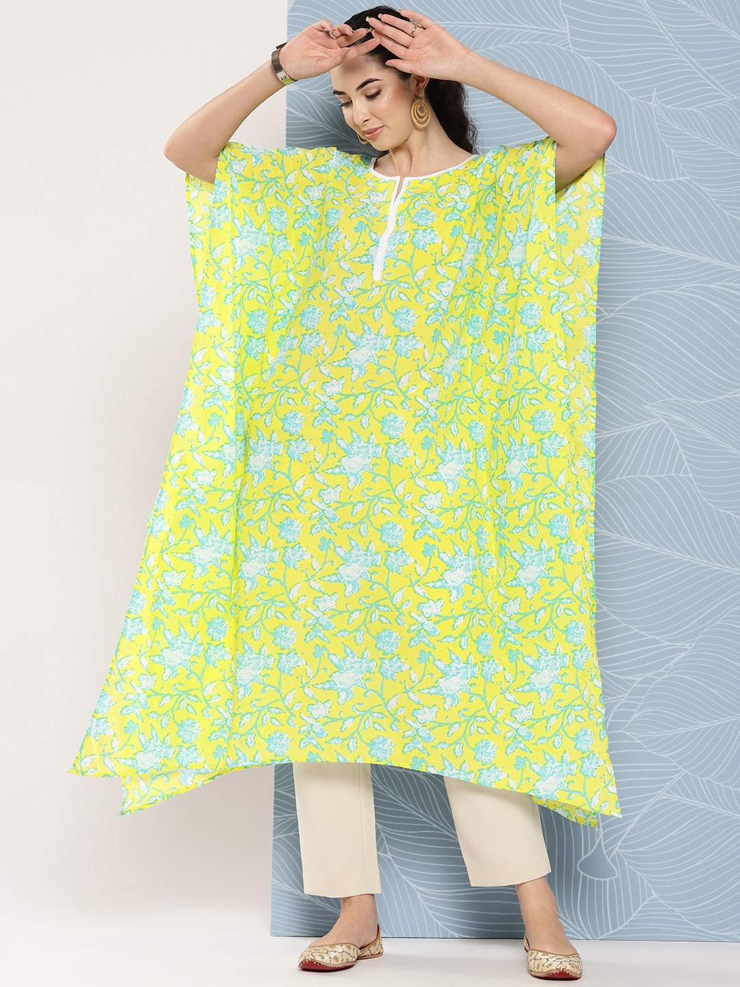 

Janasya Floral Printed Flared Sleeves Pure Cotton Kaftan Kurta, Yellow