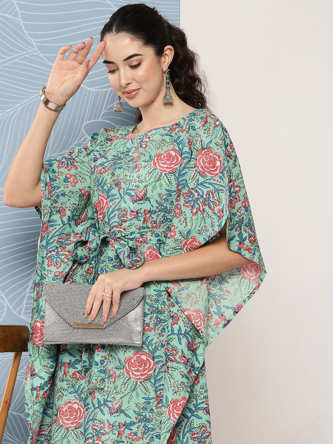 

Janasya Women Floral Printed Pure Cotton Kaftan Kurta, Sea green