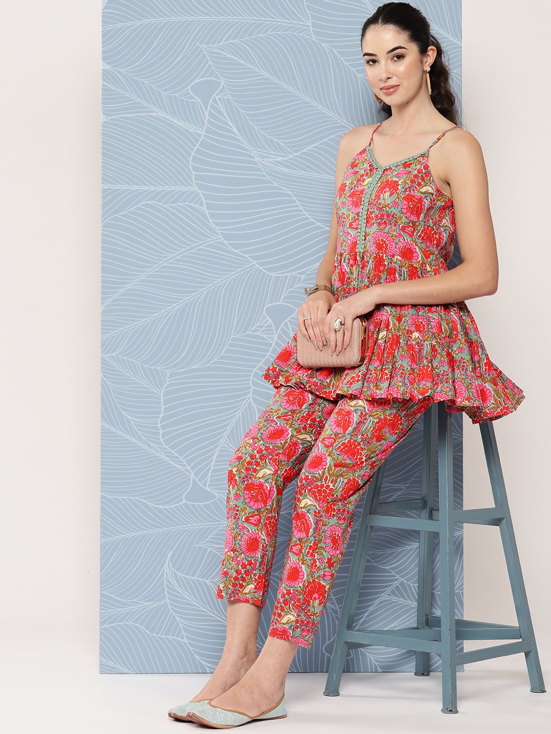 

Janasya Floral Printed Tiered Pure Cotton Top With Trousers, Multi
