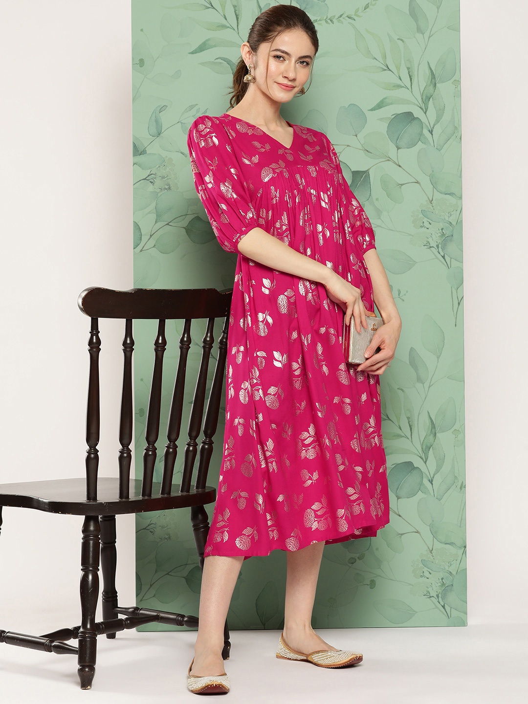 

Janasya Floral Foil Printed Gathered A-Line Midi Dress, Pink