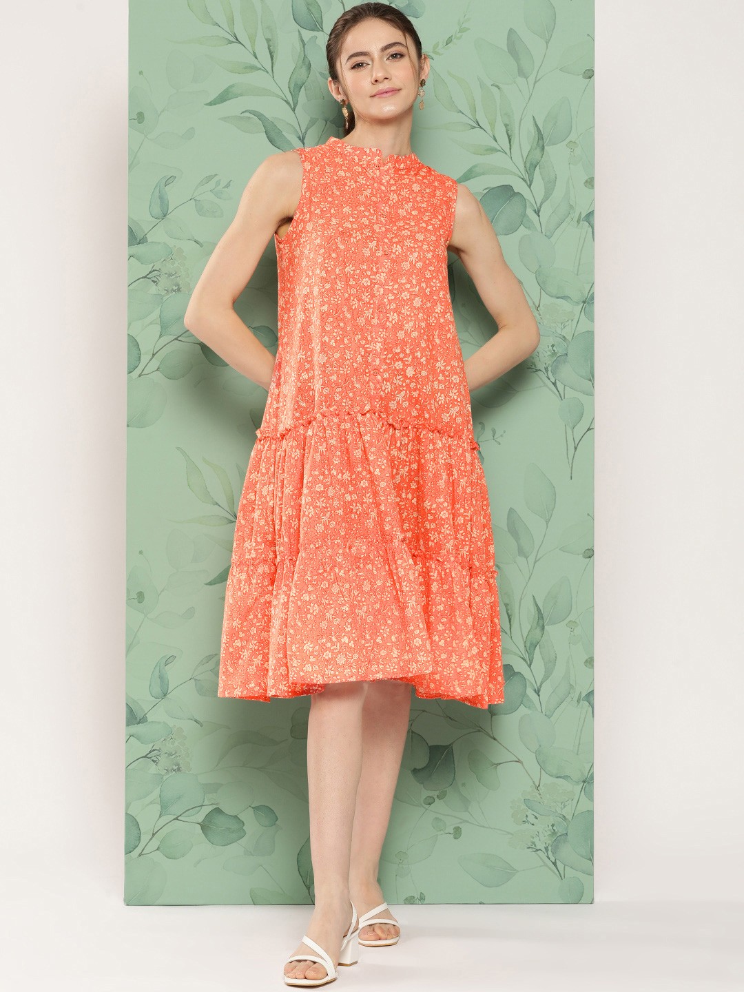 

Janasya Floral Printed Tiered A-Line Dress, Peach
