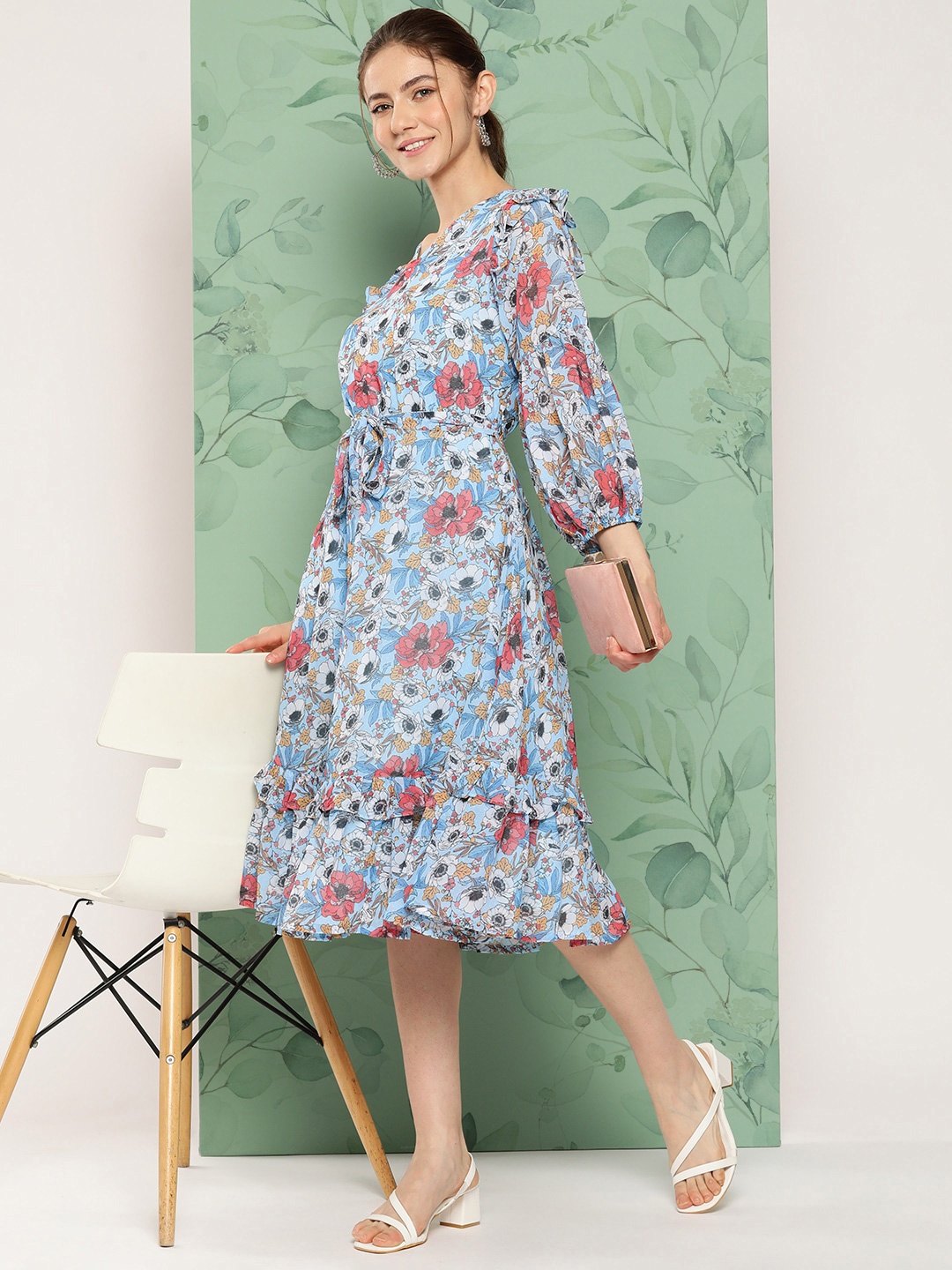 

Janasya Floral Printed Ruffle Detail Fit & Flared Midi Dress with Belt, Blue