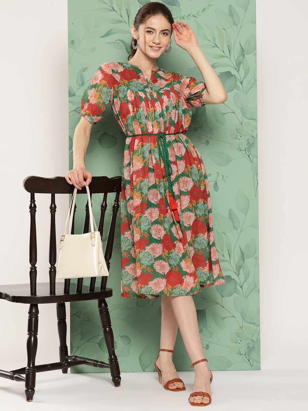 

Janasya Women Digital Floral Print Georgette Waist-Tie-Ups A-Line Dress, Green