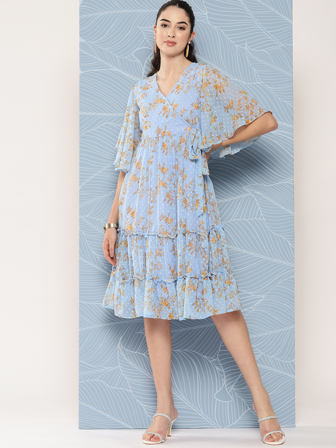 

Janasya Floral Dobby Georgette Flared Sleeves Dress, Blue