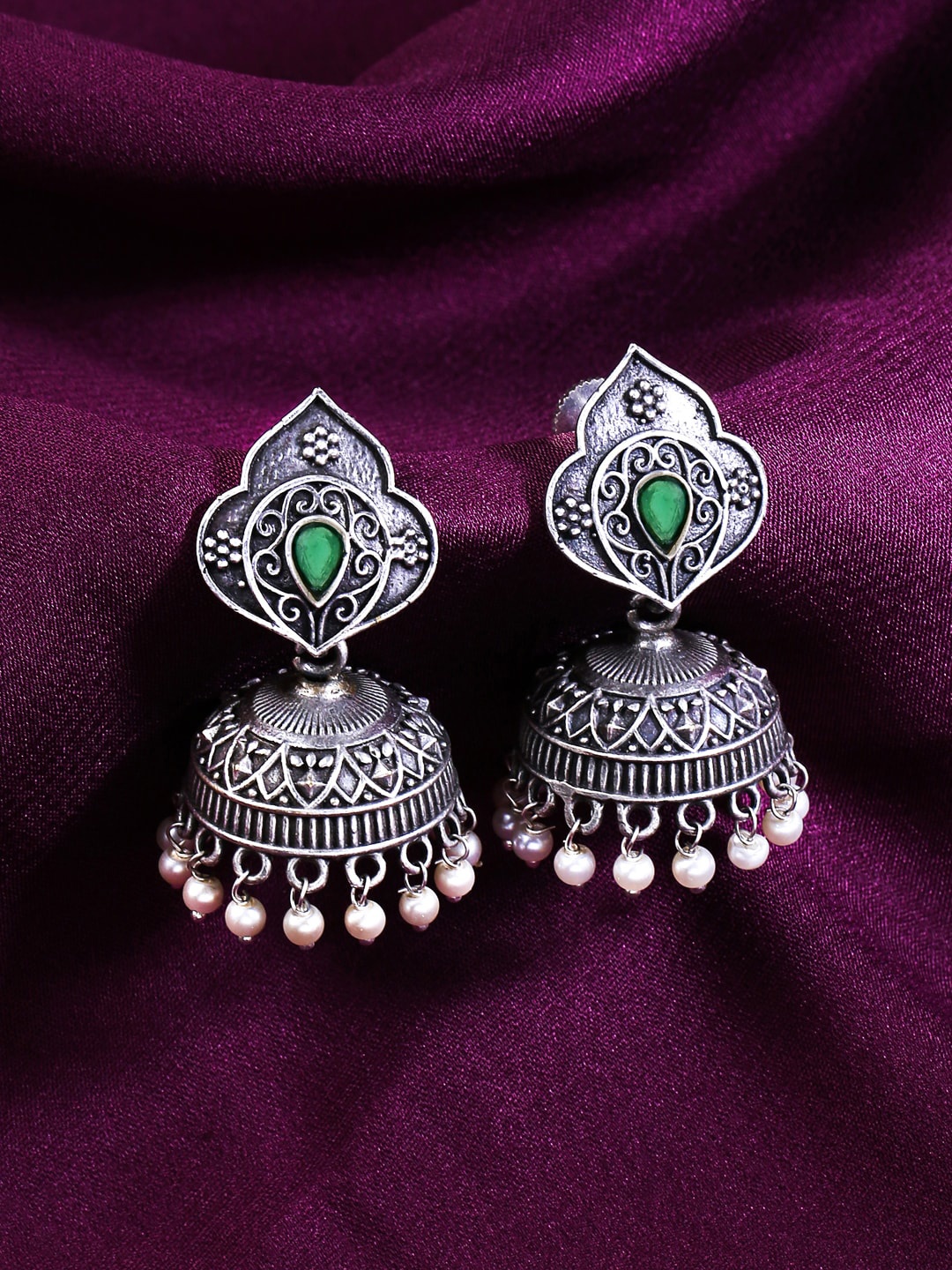 

THE AAB STUDIO Silver-Plated Dome Shaped Jhumkas Earrings, Green