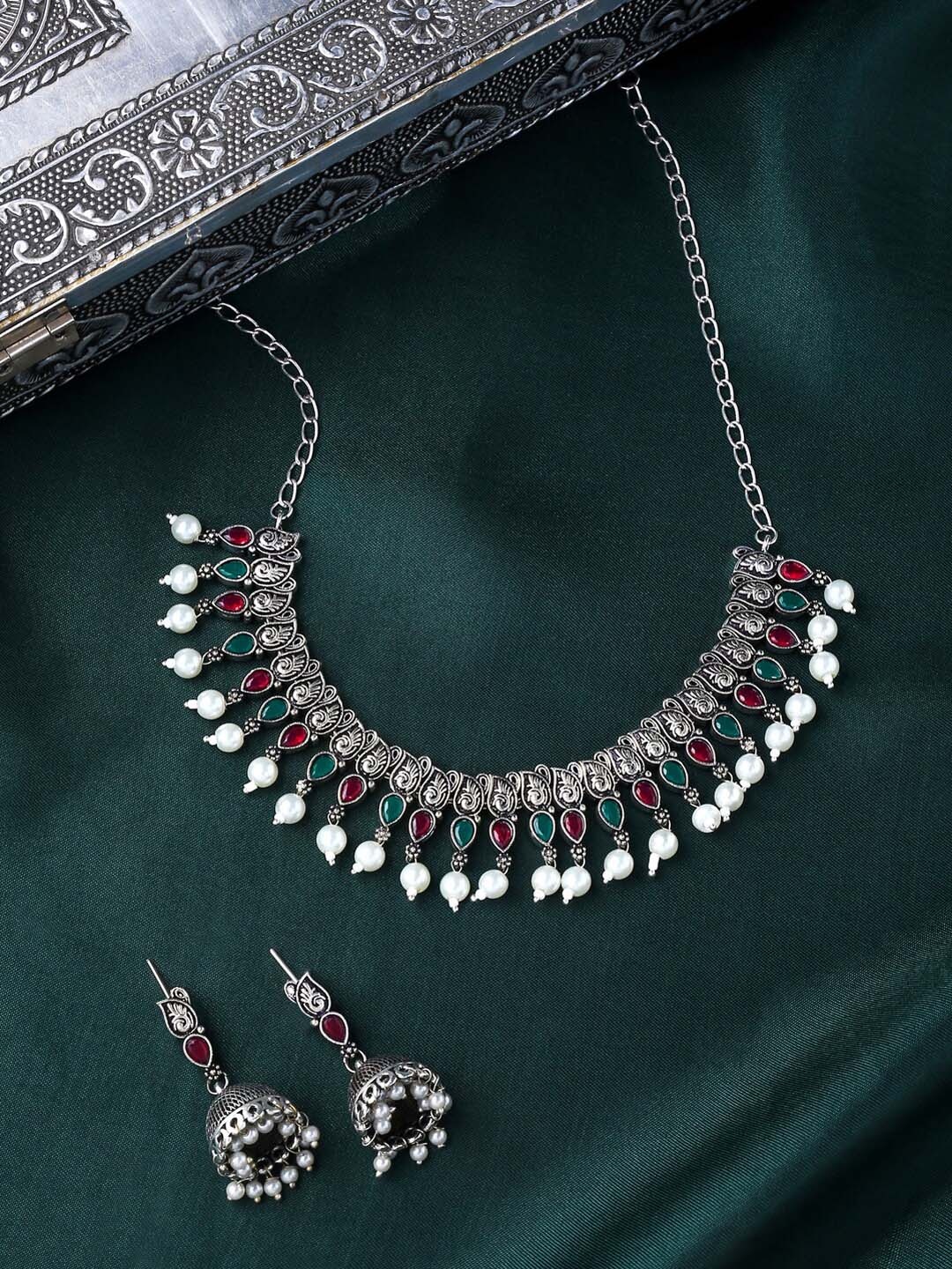 

THE AAB STUDIO Oxidised Silver-Plated Stone Studded & Beaded Jewellery Set