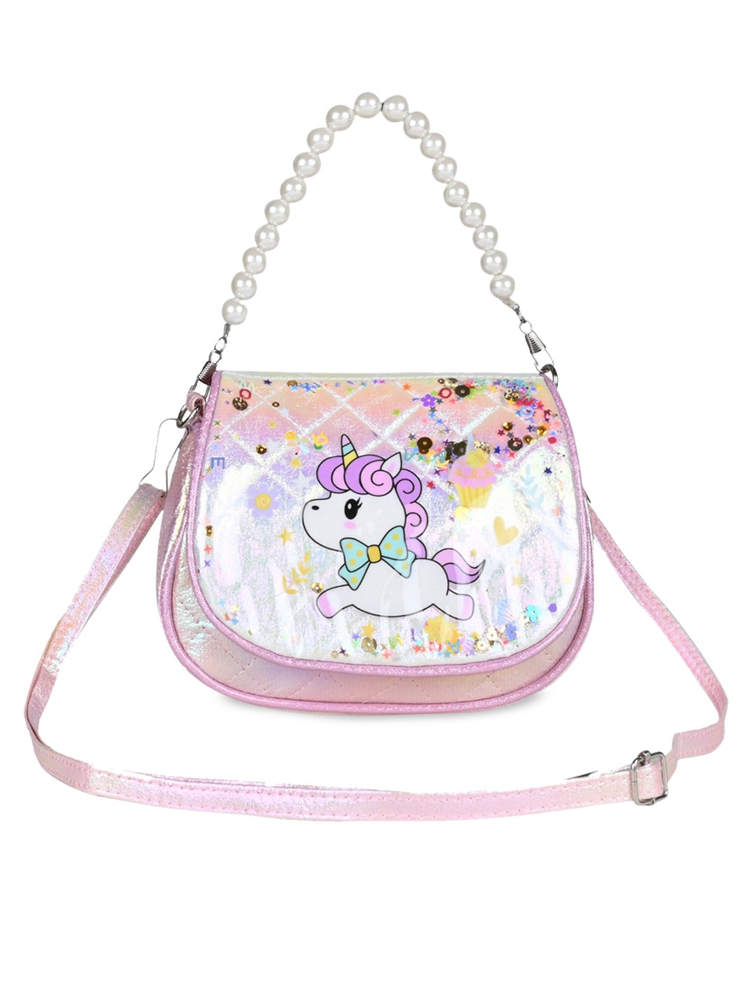 

Asthetika Kids Printed PU Structured Sling Bag with Quilted, Pink