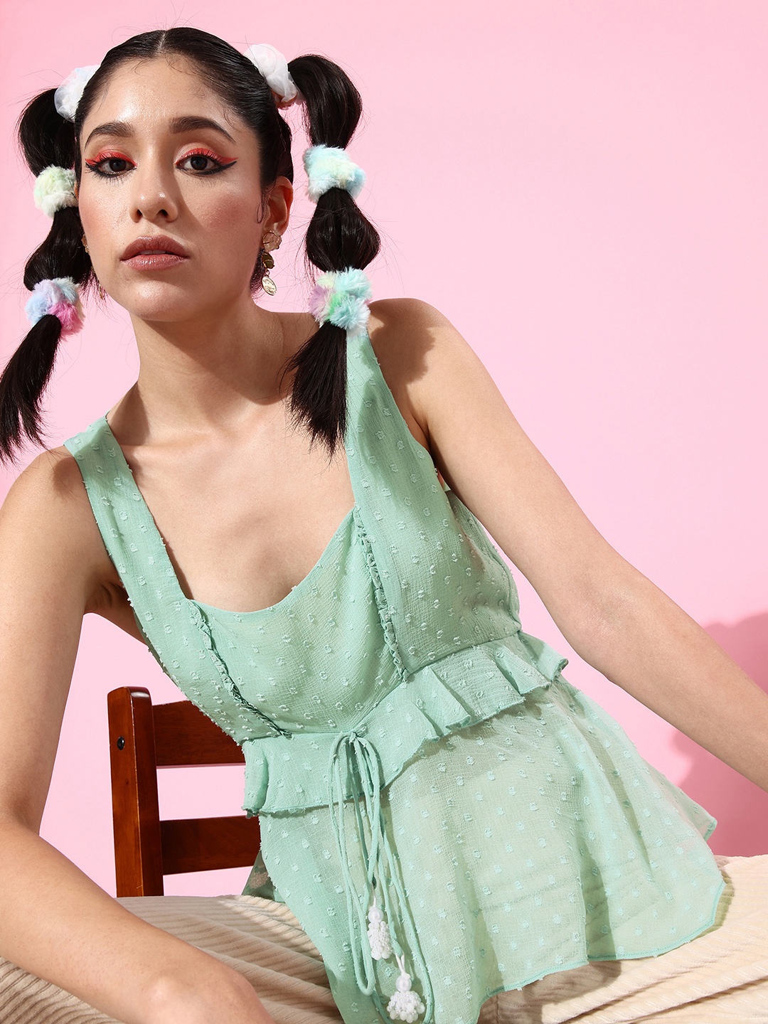 

QUIERO Square Neck Dobby Weave Top With Ruffle Detail, Sea green