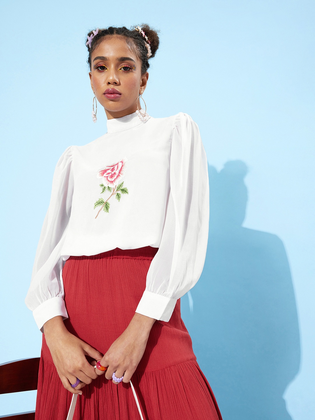 

QUIERO High Neck Top With Floral Embroidered Detail, White