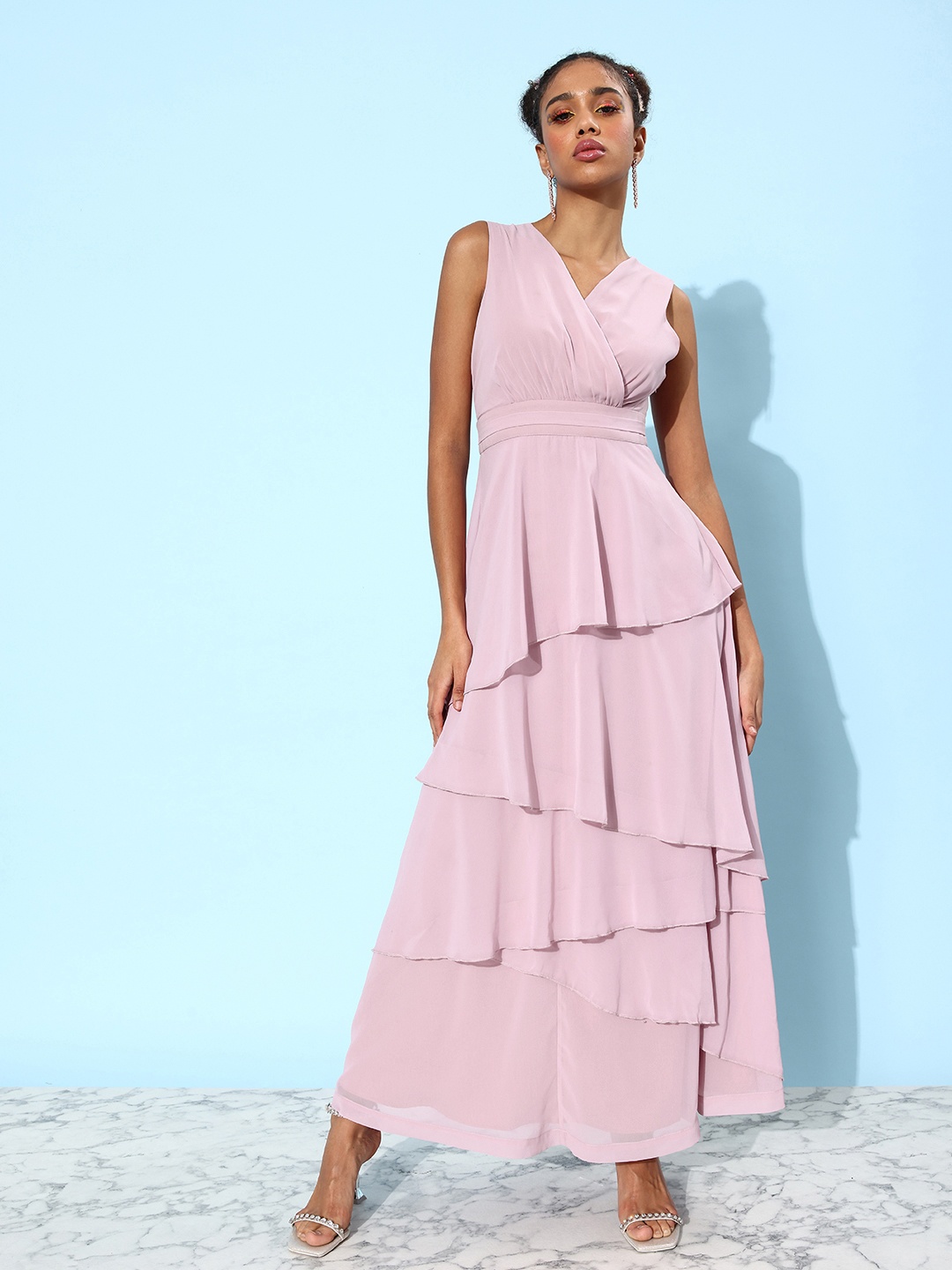 

QUIERO V-Neck Layered Fit & Flare Maxi Dress, Pink