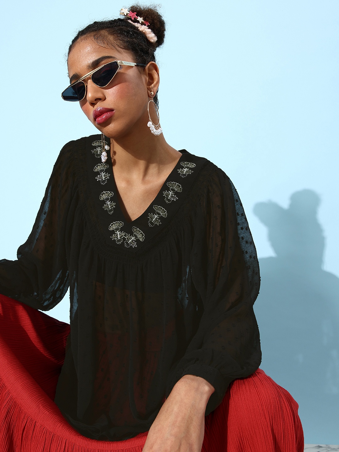 

QUIERO V-Neck Semi Sheer Top With Embroidered Detail, Black