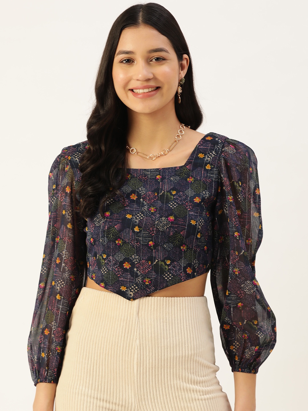 

Slenor Print Georgette Bardot Crop Top, Navy blue