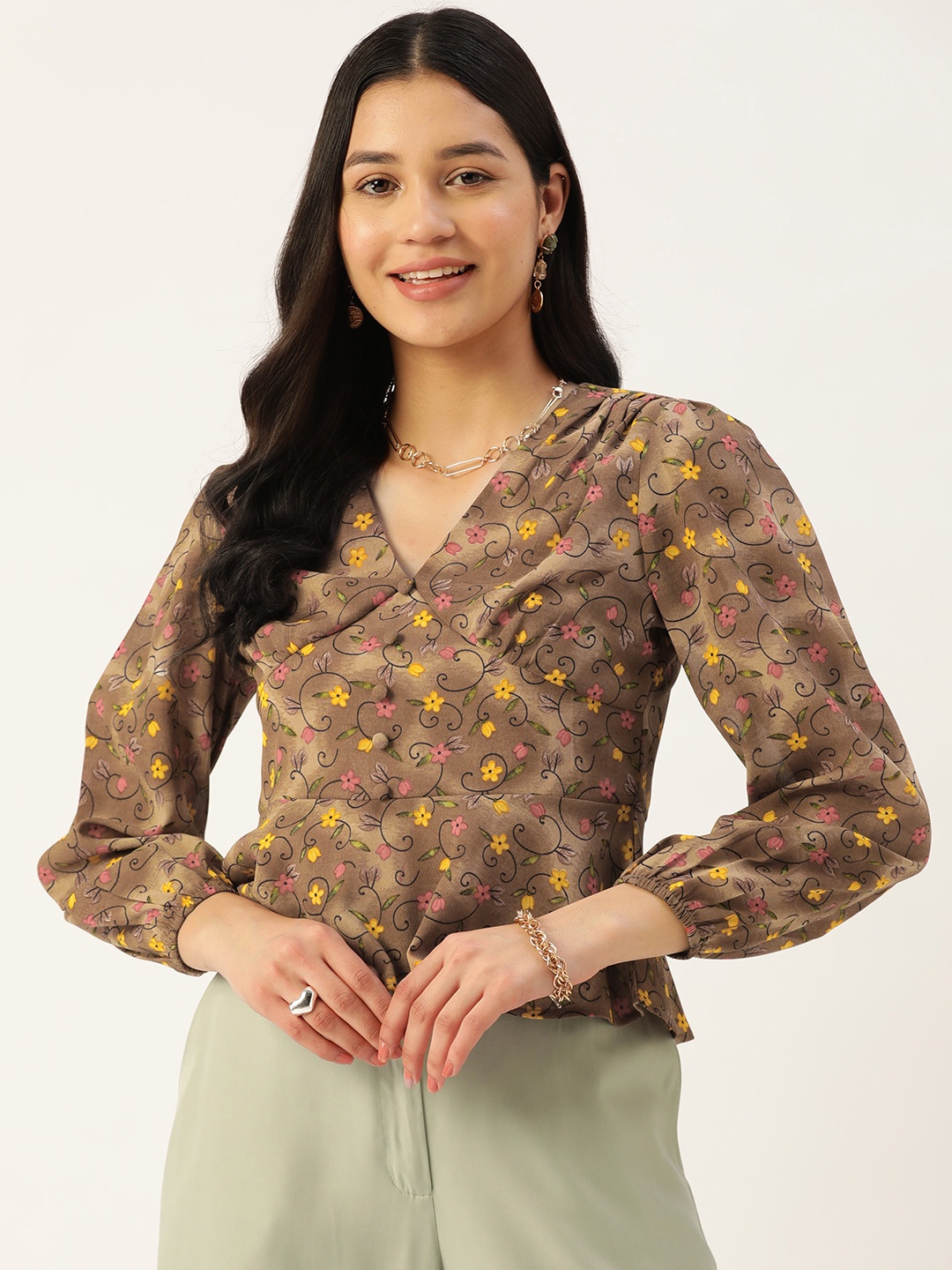 

Slenor Floral Print Georgette Top, Beige