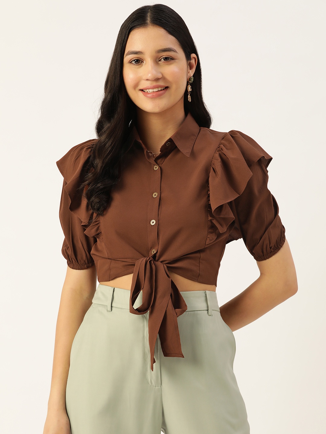 

Slenor Ruffles Crepe Top, Brown