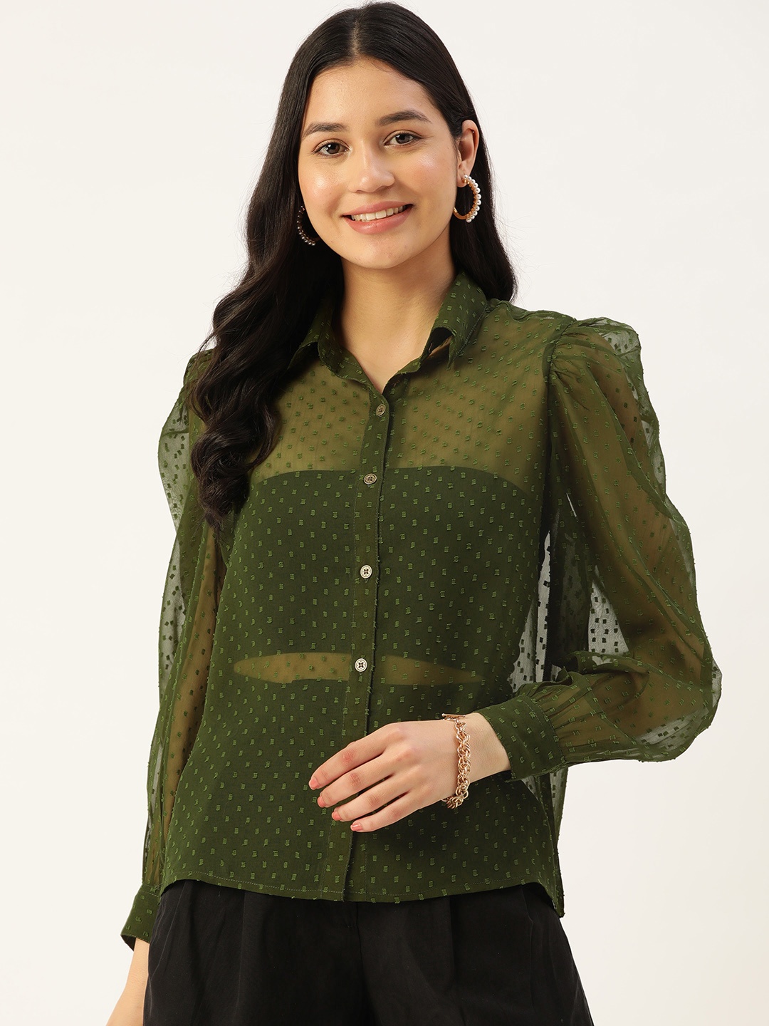 

Slenor Women Georgette Sheer Party Shirt, Olive