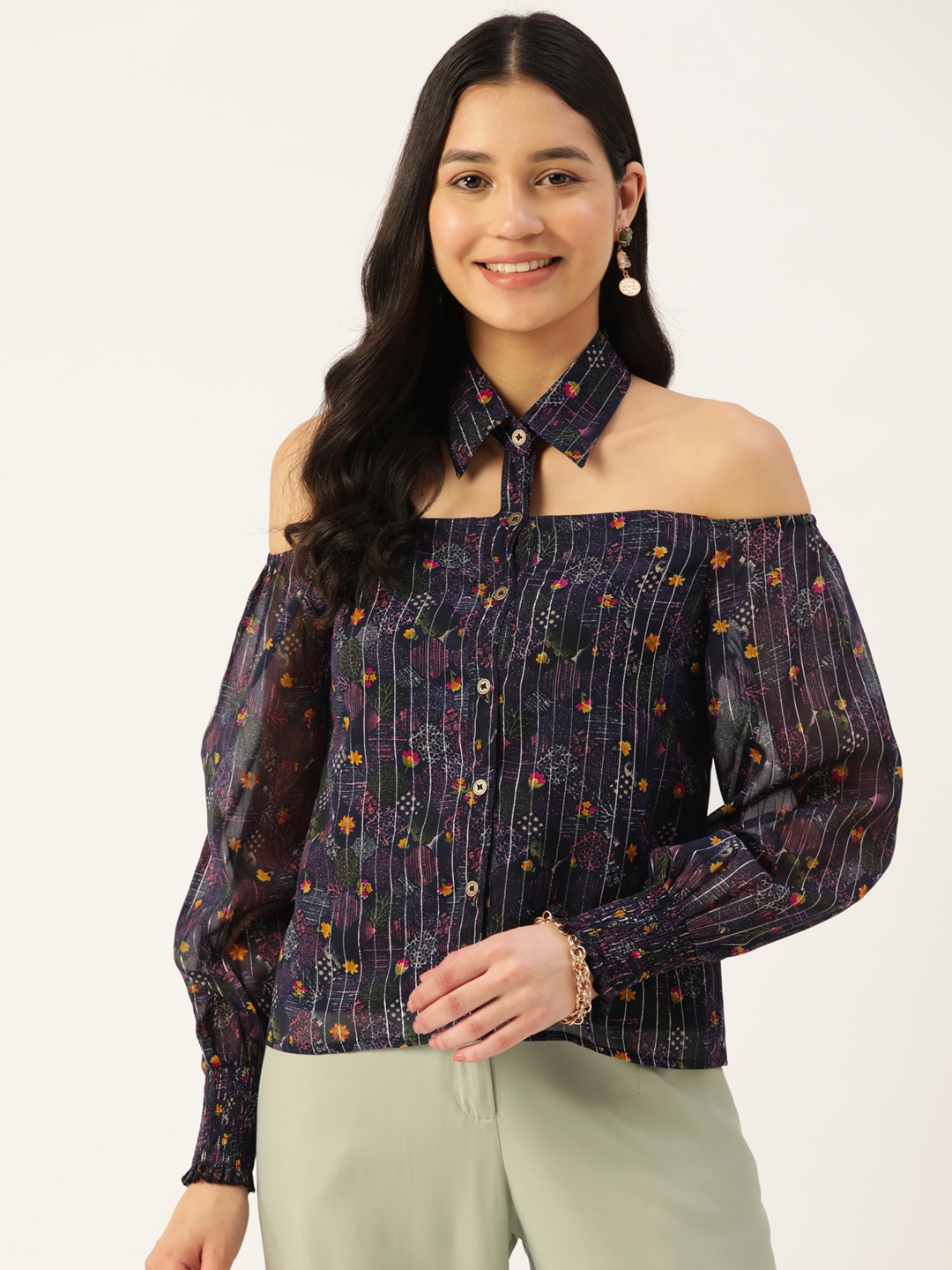 

Slenor Floral Print Halter Neck Shirt Style Top, Navy blue