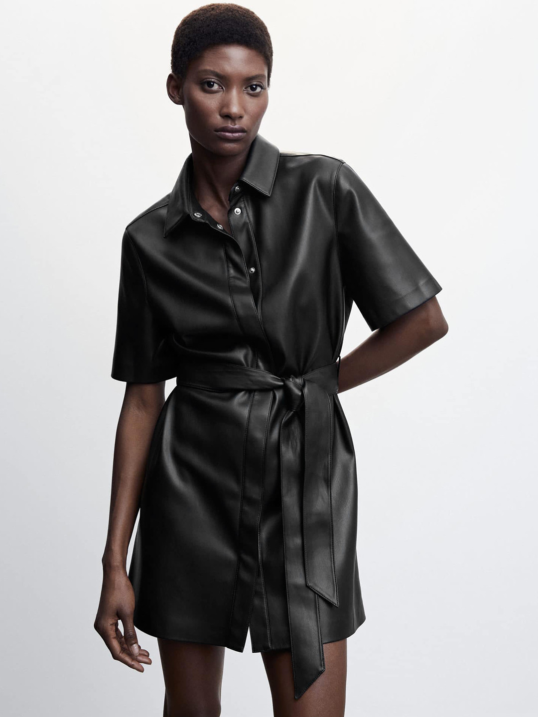 

MANGO Faux-Leather Mini Shirt Dress, Black