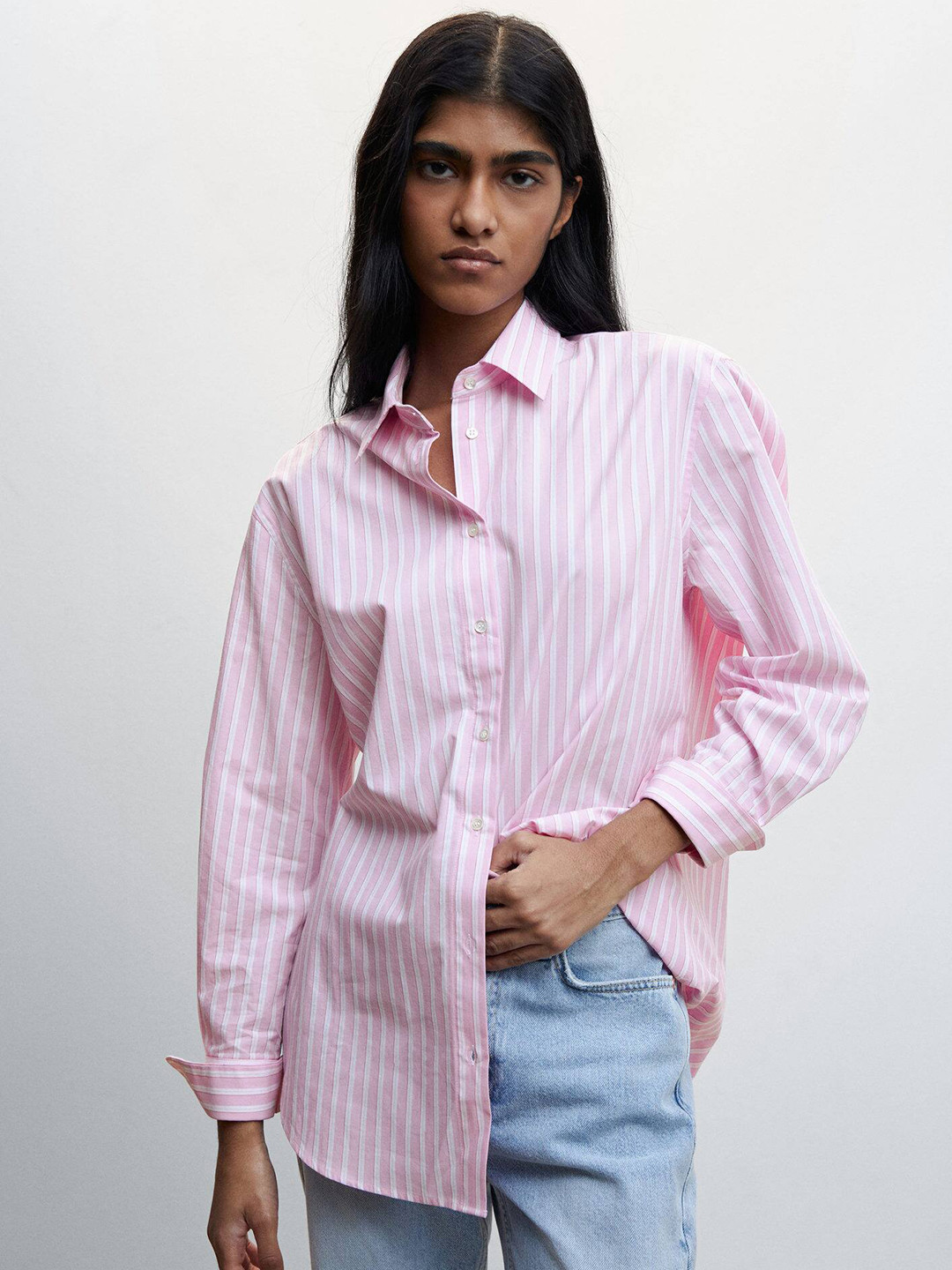 

MANGO Sustainable Cotton Striped Casual Shirt, Pink