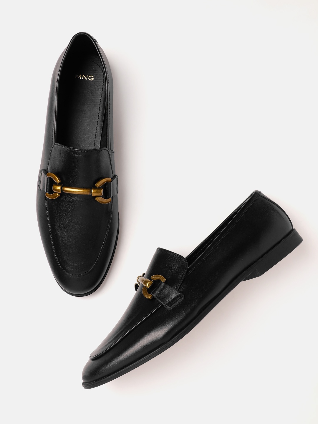 

MANGO Women Leather Sustainable Horsebit Loafers, Black