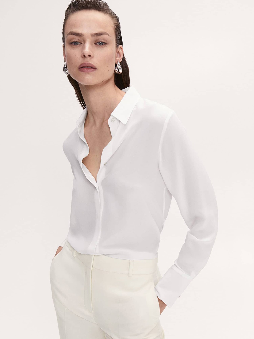 

MANGO Women Solid Pure Silk Casual Shirt, White