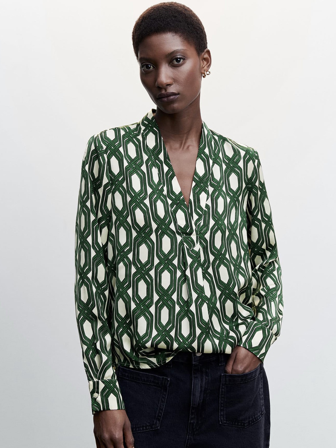 

MANGO Geometric Print Shirt Style Top, Olive