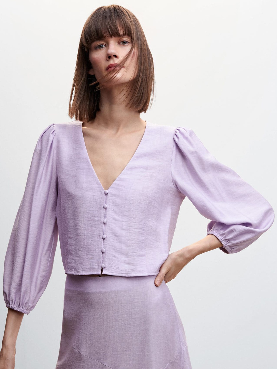 

MANGO Solid Puff Sleeves Crop Top, Lavender