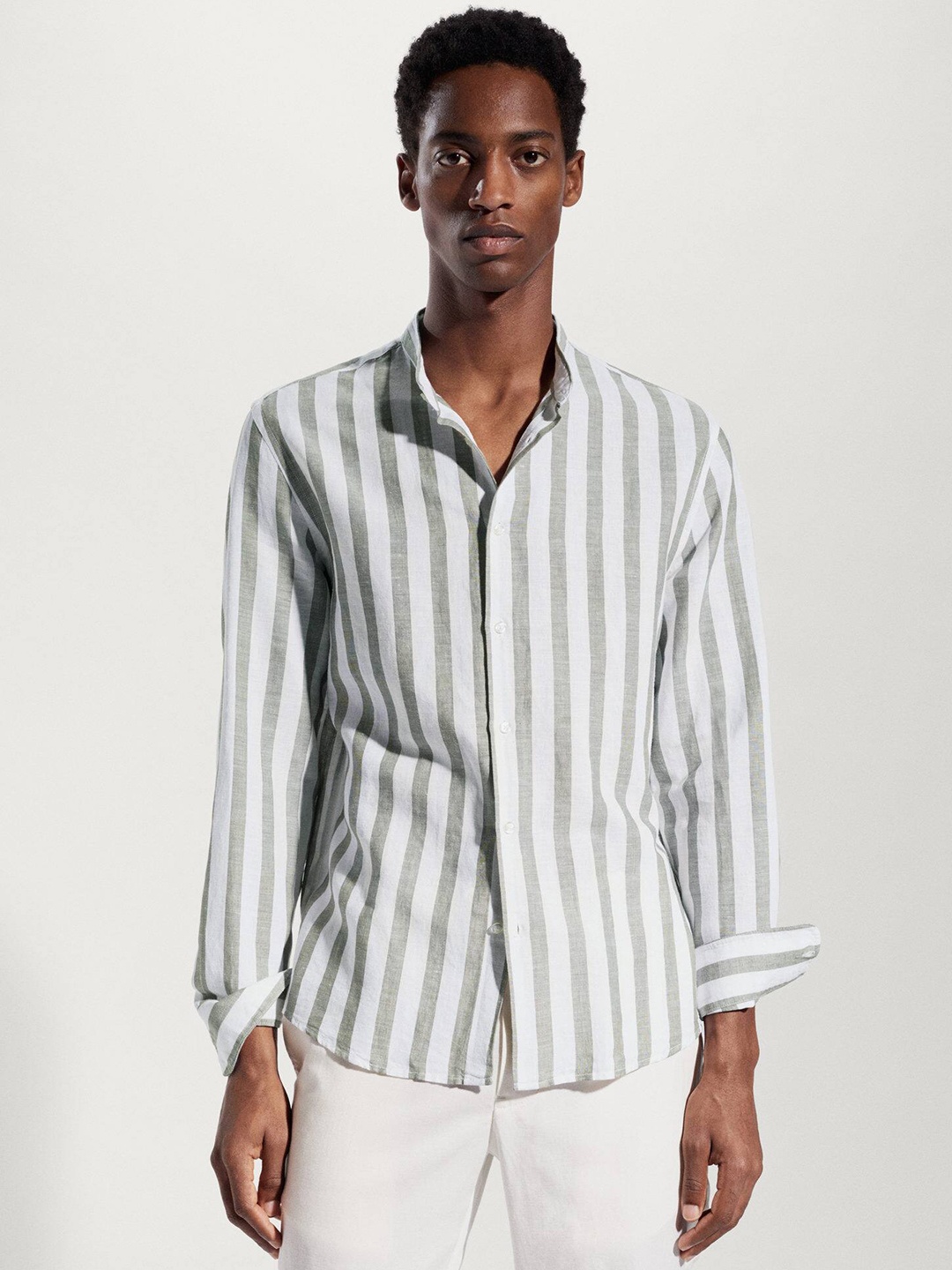 

MANGO MAN Striped Sustainable Linen Cotton Shirt, Olive