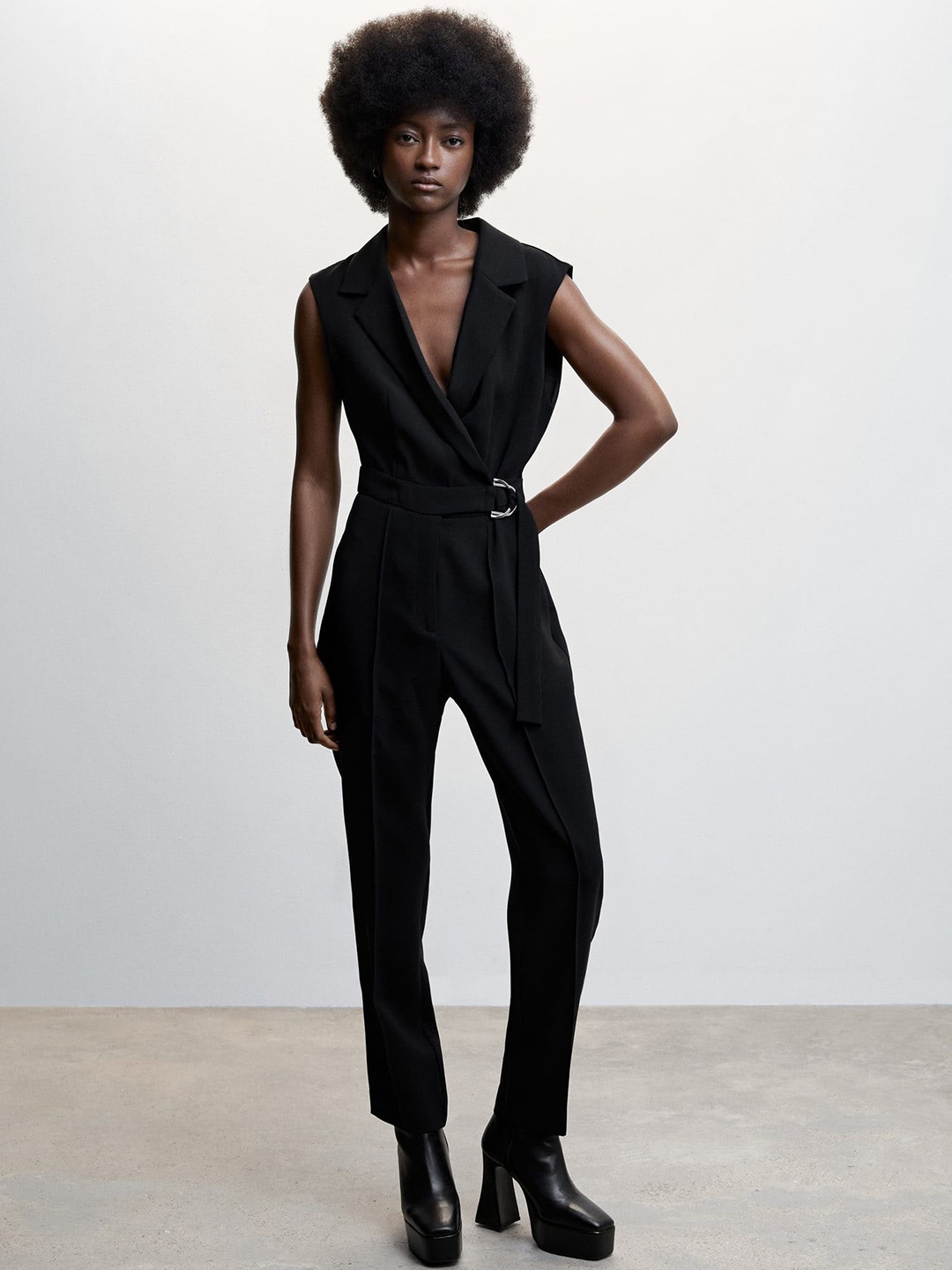 

MANGO Notched Lapel Collar Belted Sustainable Jumpsuit, Black