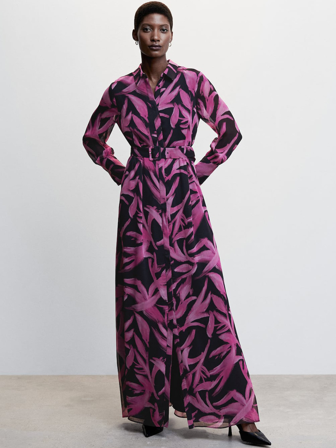 

MANGO Printed Shirt Style Maxi Dress With Belt, Purple