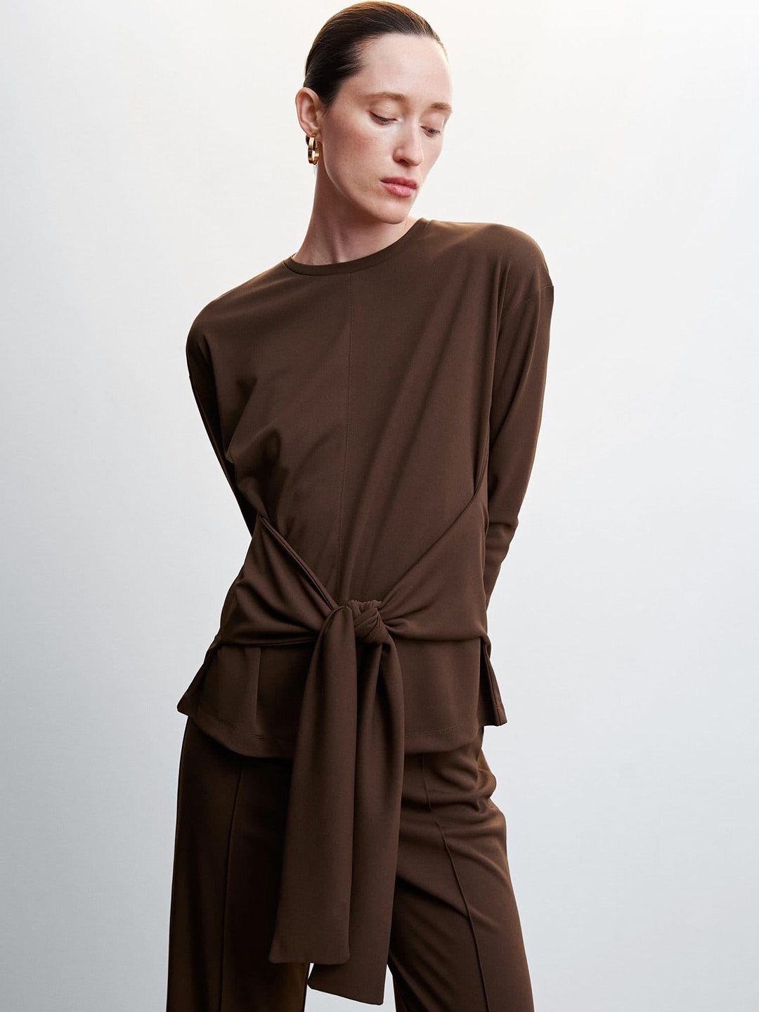 

MANGO Solid Knotted Detail Top, Brown