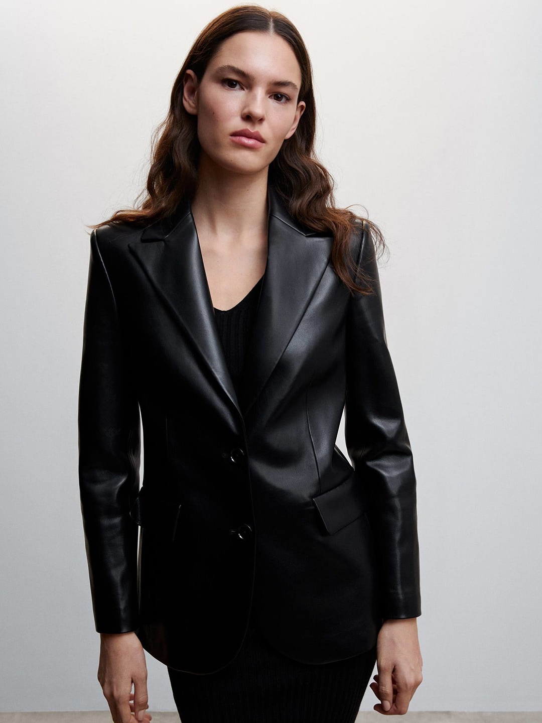 

MANGO Faux Leather Solid Single-Breasted Casual Blazer, Black