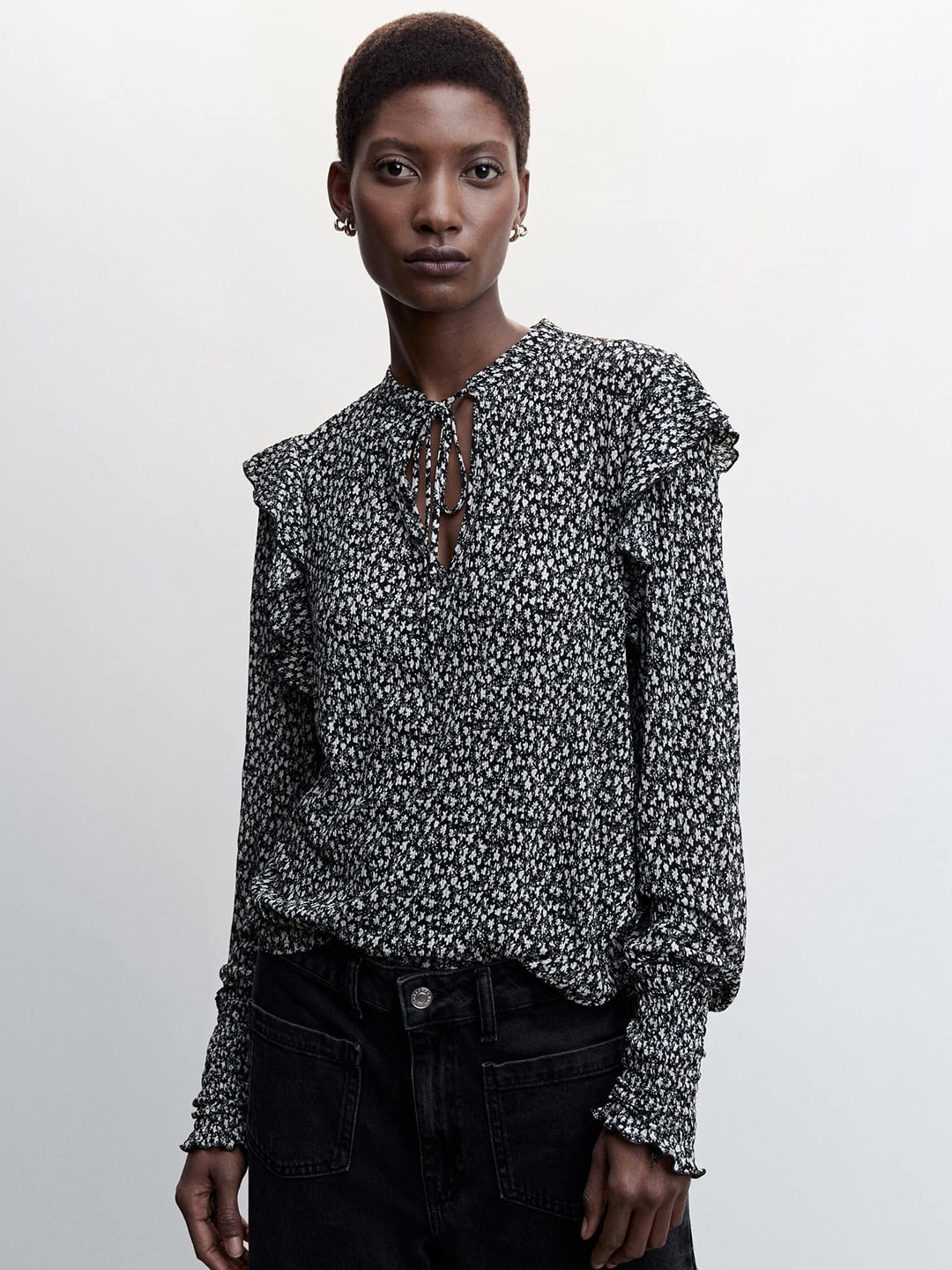 

MANGO Floral Print Tie-Up Neck Ruffles Detailed Top, Black
