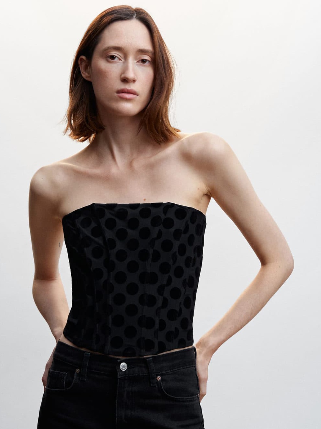 

MANGO Geometric Print Velvet Corset Crop Top, Black