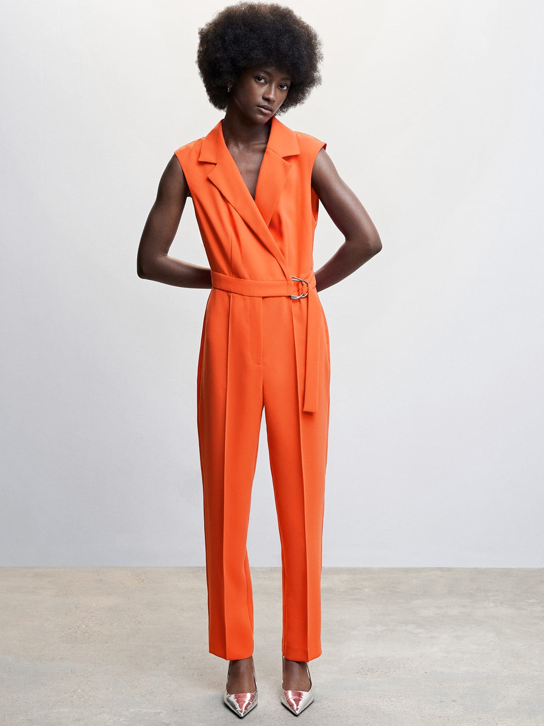 

MANGO Notched Lapel Collar Belted Sustainable Jumpsuit, Orange
