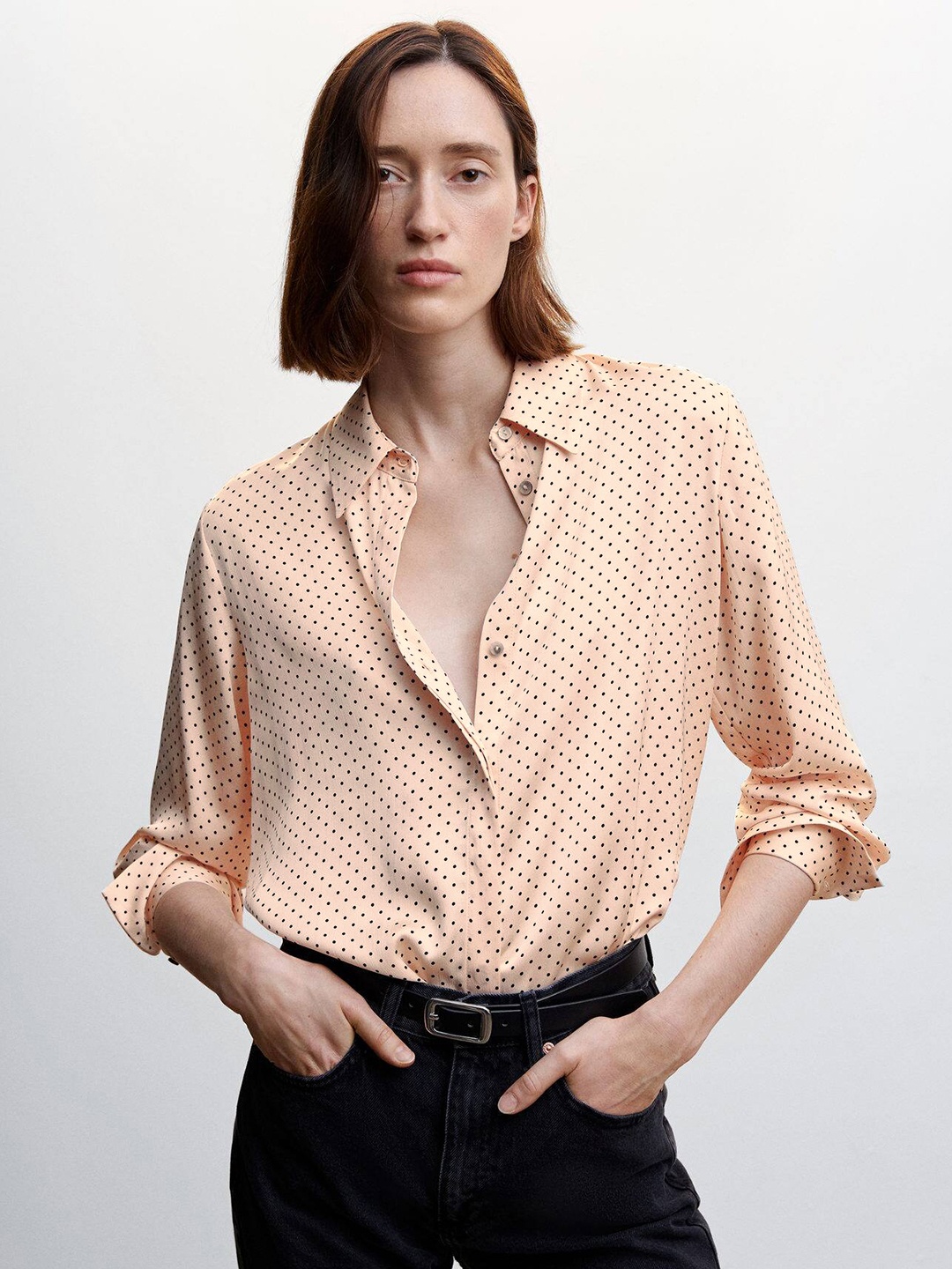 

MANGO Polka Dot Printed Satin Finish Casual Shirt, Peach