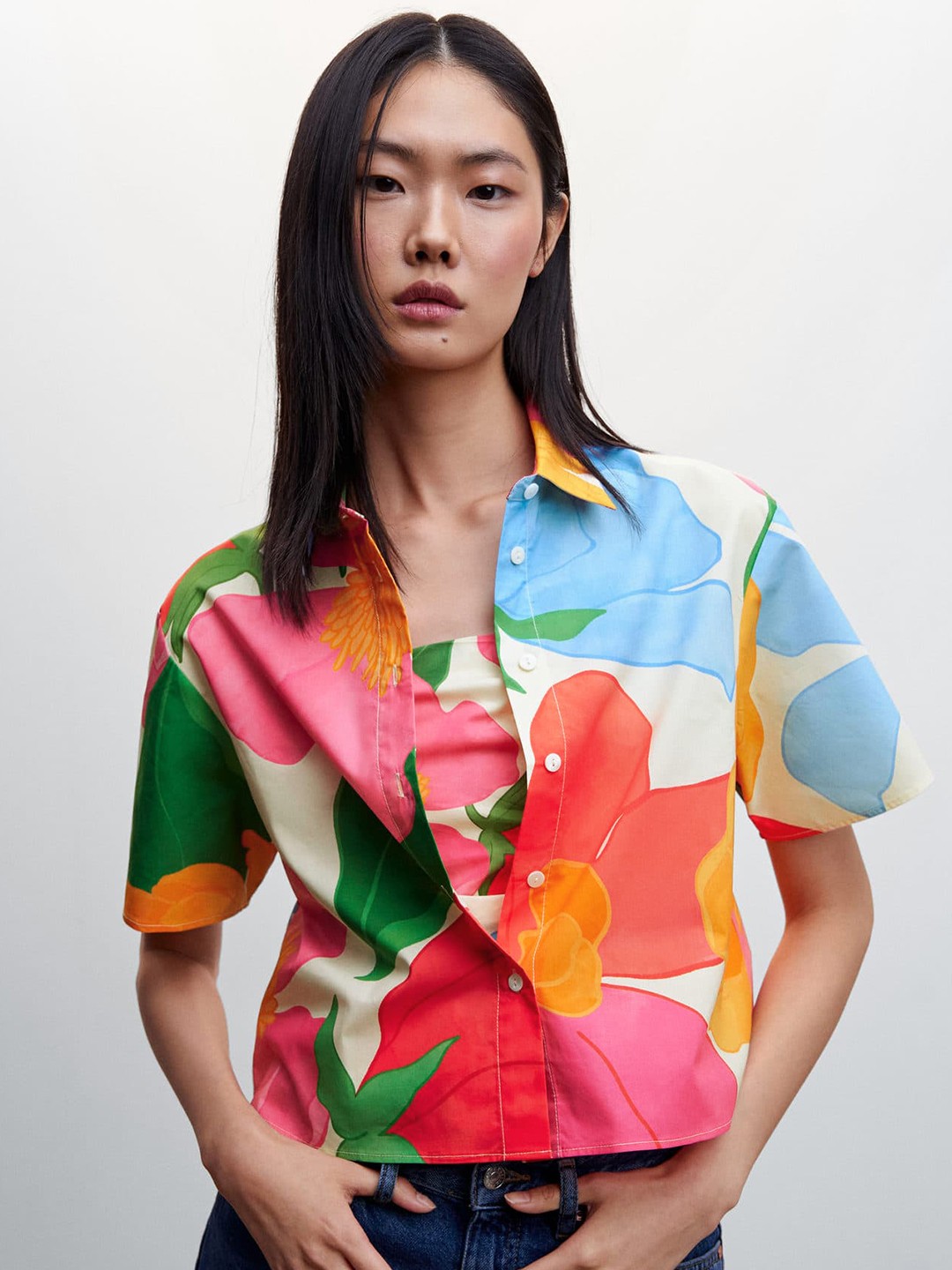 

MANGO Cotton Floral Printed Casual Shirt, Off white