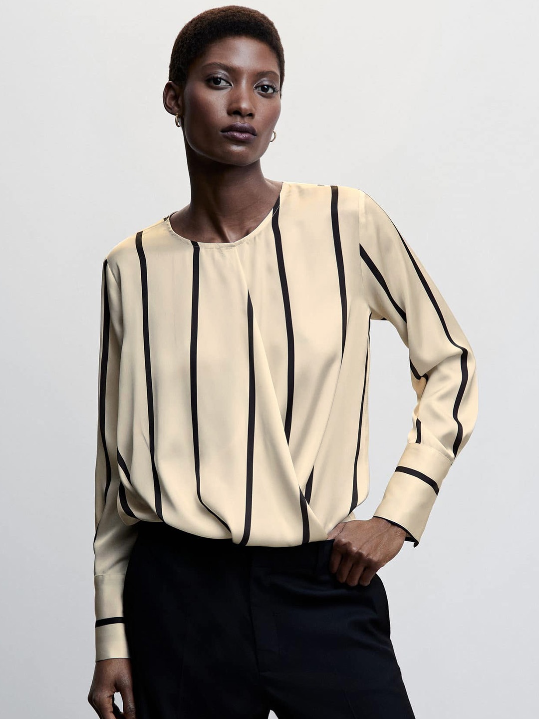 

MANGO Striped Wrap Designed Satin Top, Off white