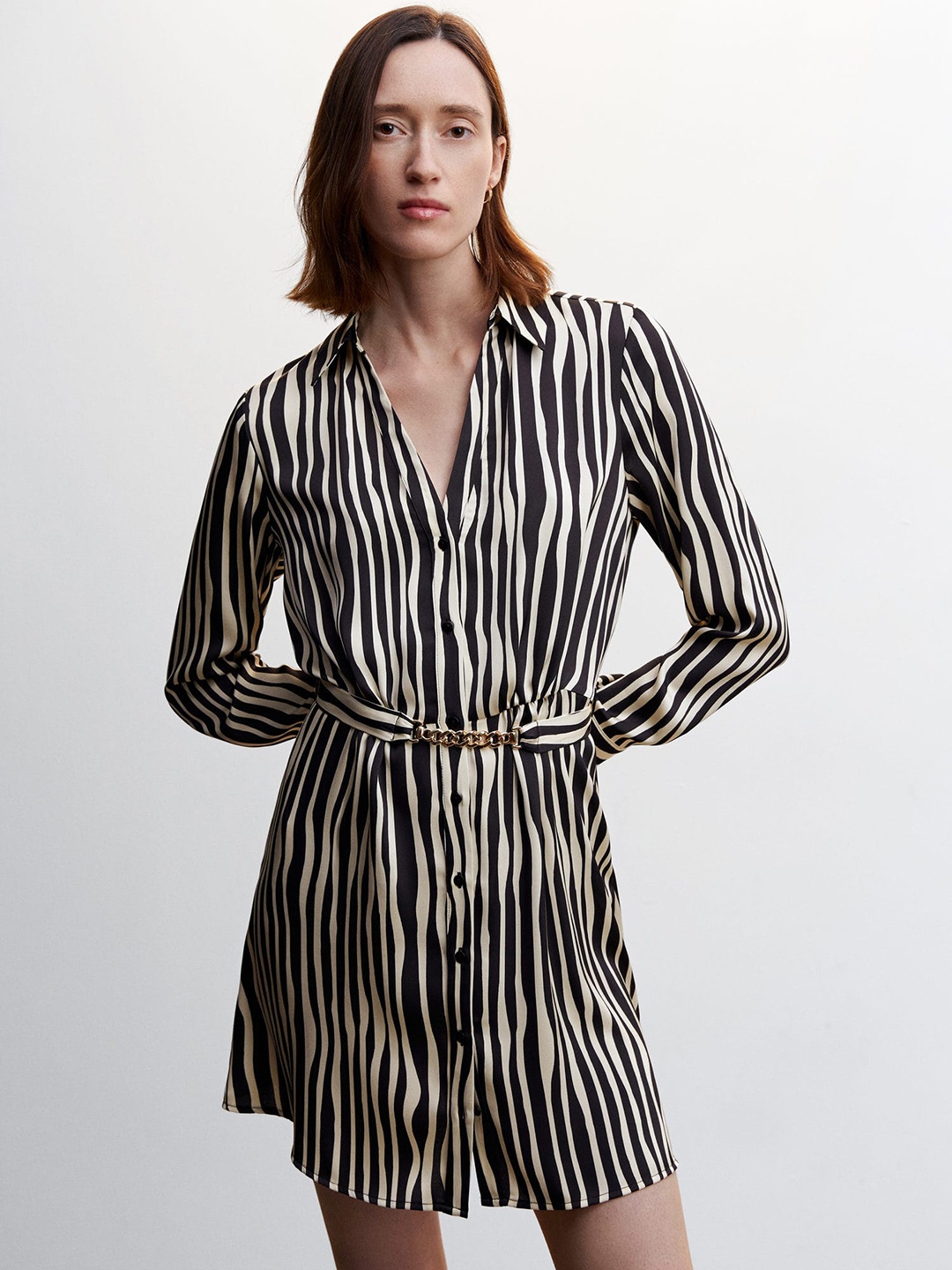

MANGO Animal Print Satin Finish Shirt Dress with Belt, Black