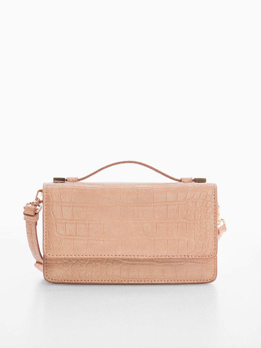 

MANGO Women Croc Textured Structured Handheld Bag, Peach