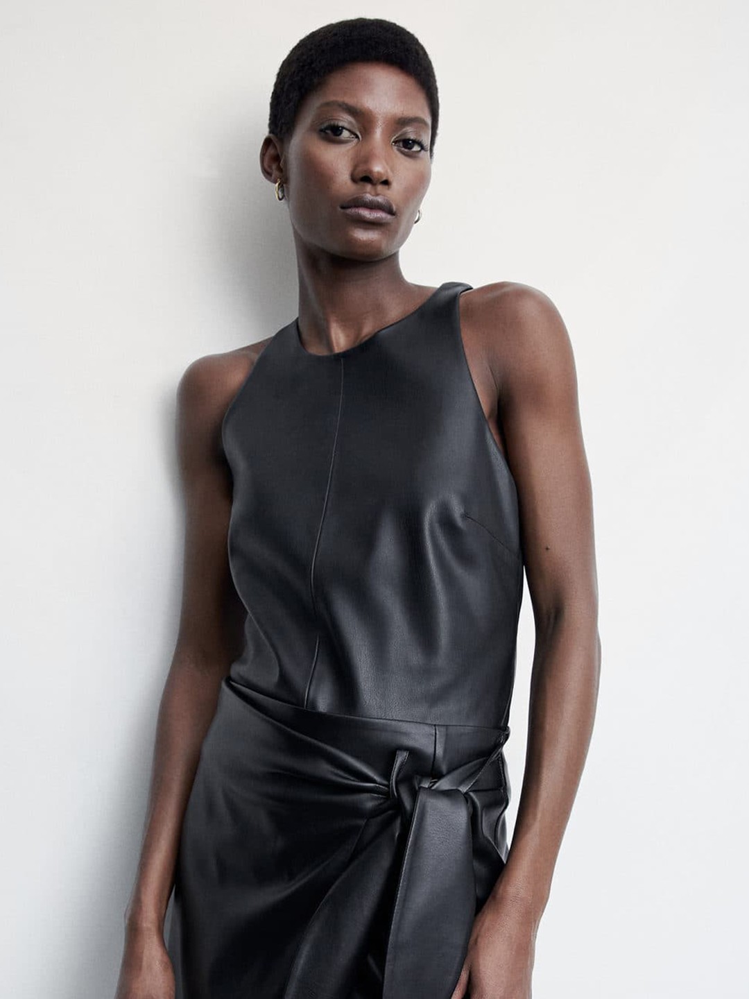 

MANGO Solid Faux Leather Top, Black