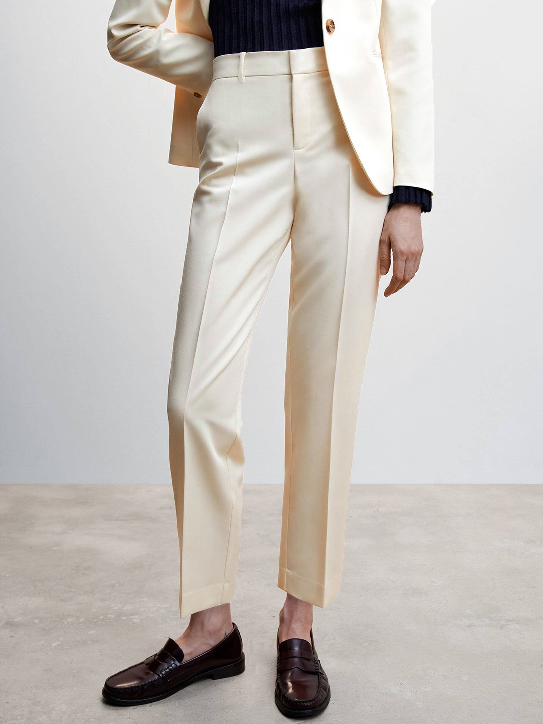 

MANGO Women Cropped RegularFormal Trousers, Beige