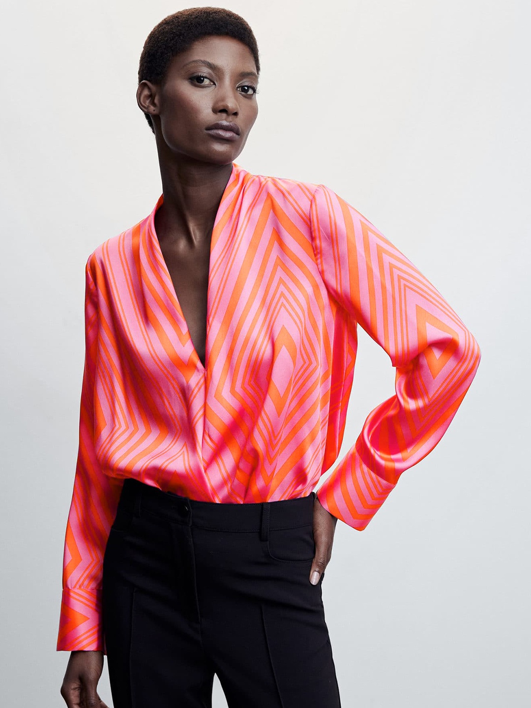 

MANGO Geometric Print Satin Wrap Top, Pink